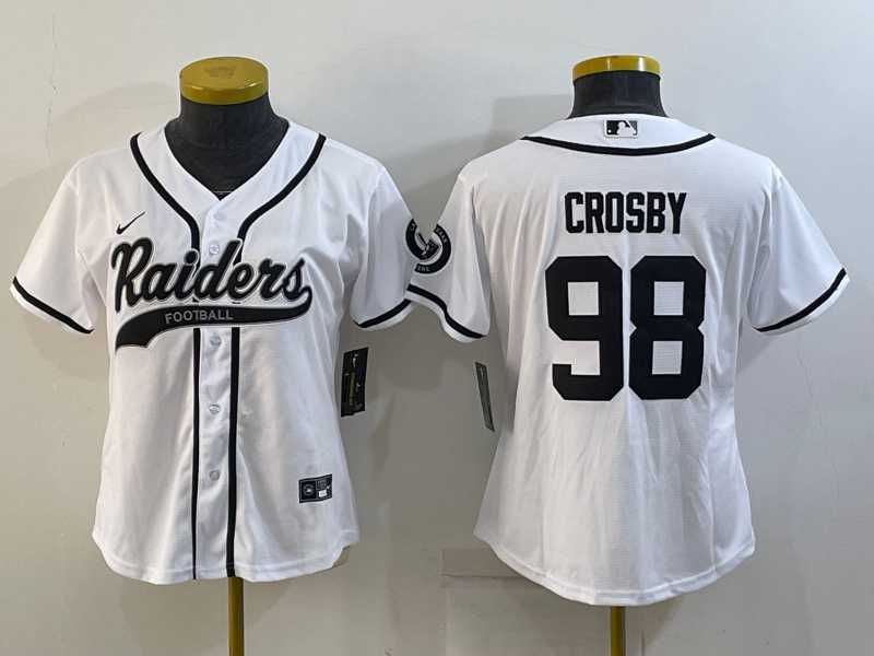 Women's Las Vegas Raiders #98 Maxx Crosby White With Patch Cool Base Stitched Baseball Jersey,We sell and wholesale Women's Las Vegas Raiders #98 Maxx Crosby White With Patch Cool Base Stitched Baseball Jersey on line form chian!